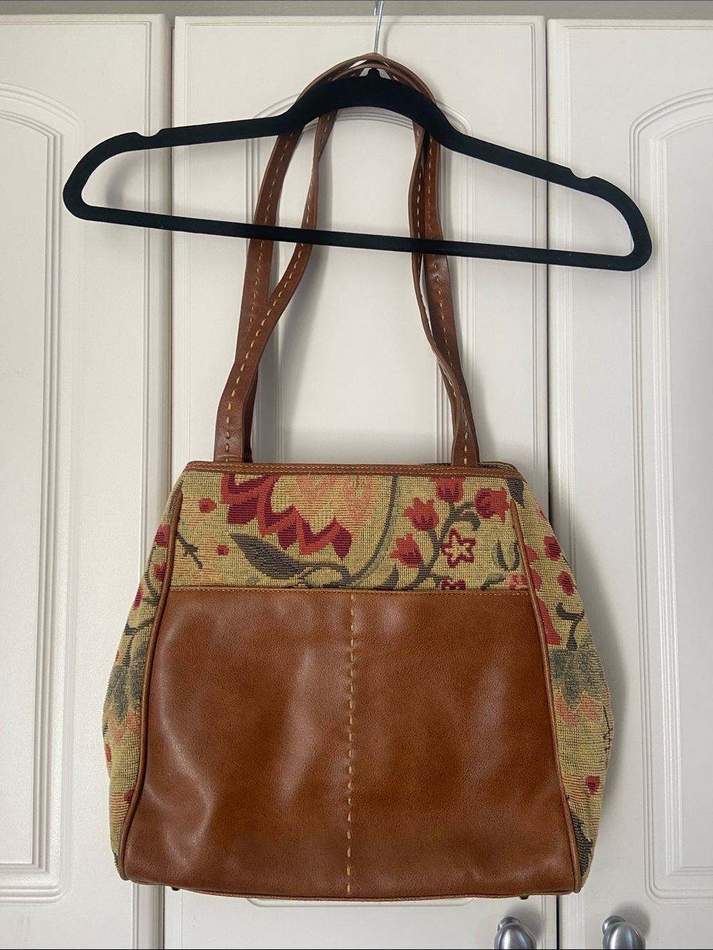 Vintage Liz Claiborne Brown Leather and Floral Carpet Tote Bag